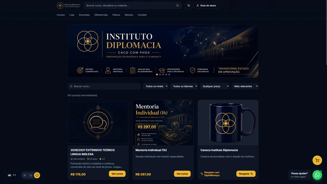 Loja de cursos do Instituto Diplomacia